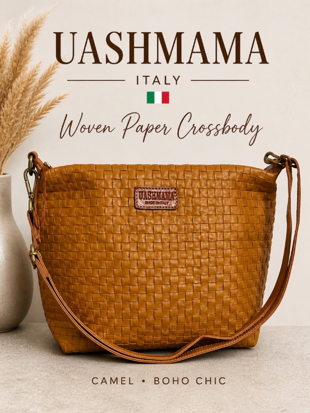 UASHMAMA Woven Paper with Leather Crossbody – Made in Italy - Camel Boho Chic.